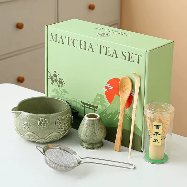 8Pcs Cherry Blossom White Matcha Bowl with Matcha Whisk Set, Japanese Tea Set Includes Matcha Bowl with Spout