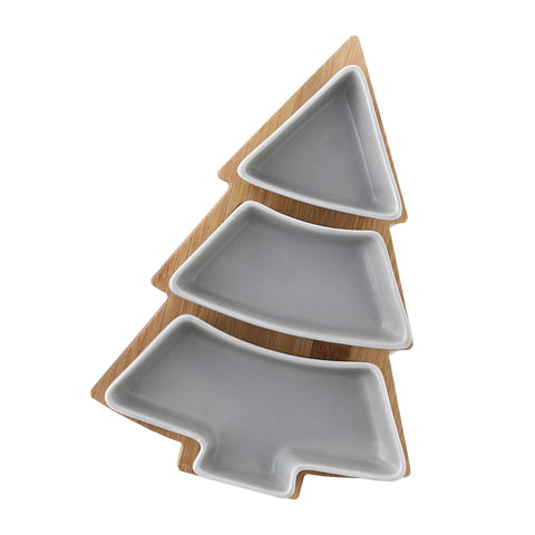 Creative Christmas Tree Ceramic Snack Plate with Bamboo Base