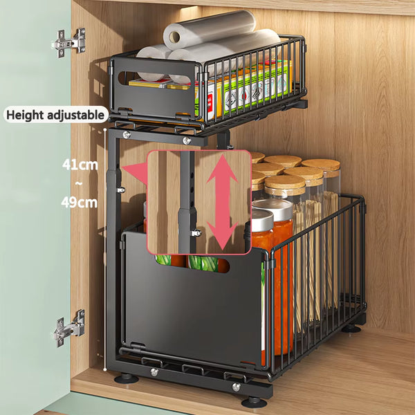 2 Tier Pull Out Cabinet Organizer Adjustable Kitchen Storage Rack under Sink Organizer Spice Jar Storage Rack Slide Out Drawer