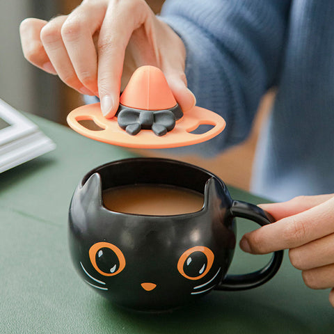 Halloween Black Cat Mug with Pumpkin Hat Lid