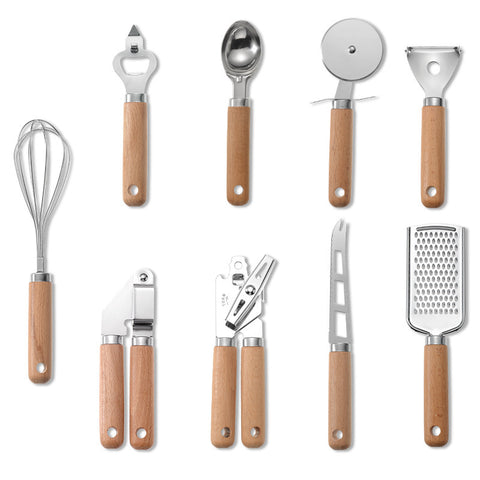 9-Piece Stainless Steel Kitchen Tool Set with Natural Wood Handles
