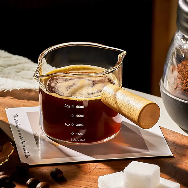 1Pc Glass Measuring Cup Wood Handle Glass Espresso Measuring Cup Double Single Mouth Milk Coffee Clear Mug Coffee Supplies