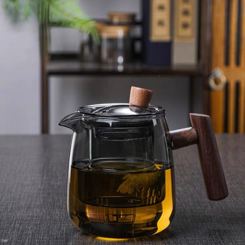 Smoky Borosilicate Glass Teapot – Wooden Handle Modern Minimalist