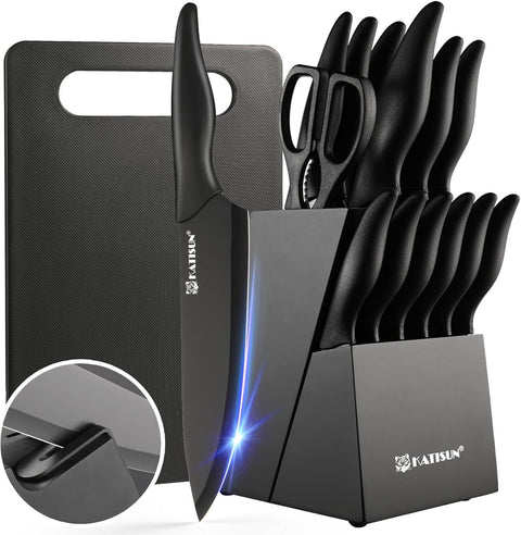 German Stainless Steel 16-Piece Knife Set with Sharpener & Board