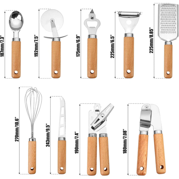 LMETJMA Stainless Steel Kitchen Gadget Set Western Cooking Utensil Tool with Wooden Handle Included Pizza Cutter Garlic Press