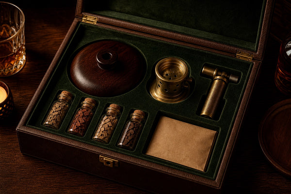 The Smokelier Set — saddle brown box, open with the full kit