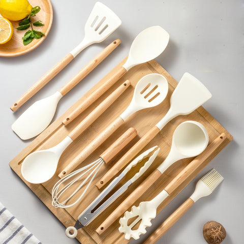 Heat-Resistant Wooden Handle Silicone Kitchenware Set