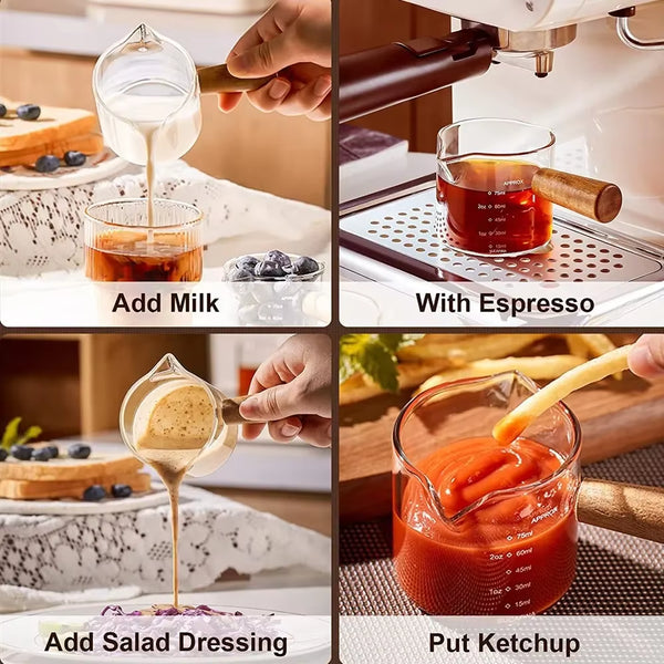 1Pc Glass Measuring Cup Wood Handle Glass Espresso Measuring Cup Double Single Mouth Milk Coffee Clear Mug Coffee Supplies