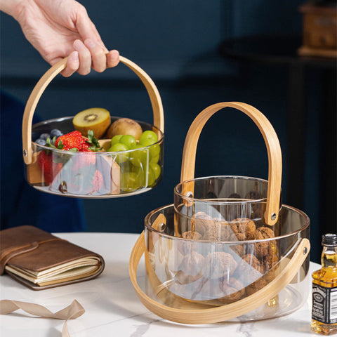 Nordic Glass Bowl with Bamboo Handle – Modern Transparent Serving Container