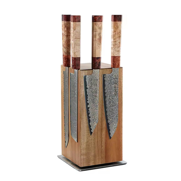 Wudy Kitchen — Acacia Wood Magnetic Rotating Knife Holder — 360° Stainless Steel Base