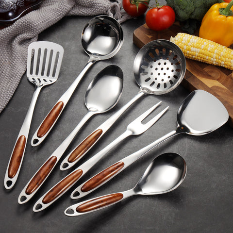7-Piece Stainless Steel Kitchen Utensil Set with Wood-Inlay Handles