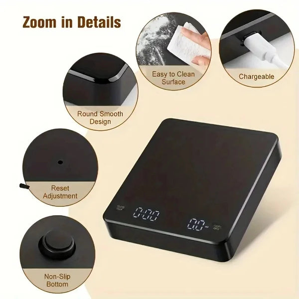 Rechargeable Coffee Scale - 0.1G Precision, 3Kg Capacity, Timer, LED Display, USB Charging for Espresso & Kitchen Use