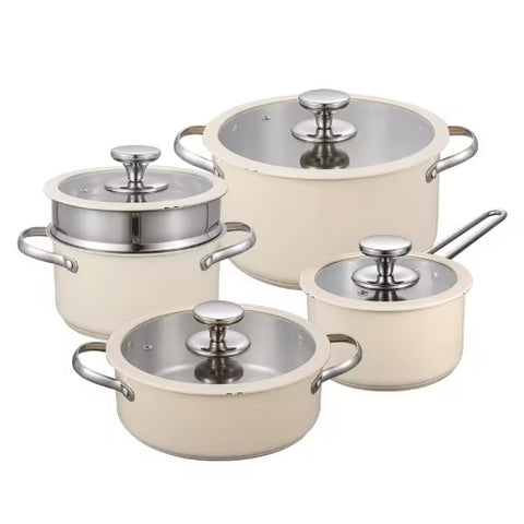 9-Piece Stainless Steel Ceramic Pot Set – Elegant Cooking Essentials