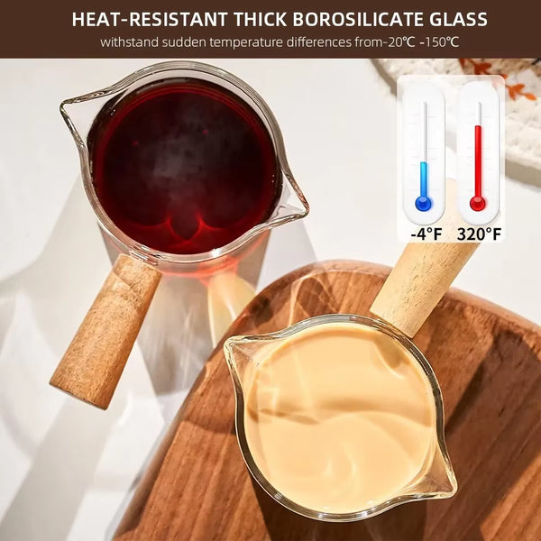 1Pc Glass Measuring Cup Wood Handle Glass Espresso Measuring Cup Double Single Mouth Milk Coffee Clear Mug Coffee Supplies