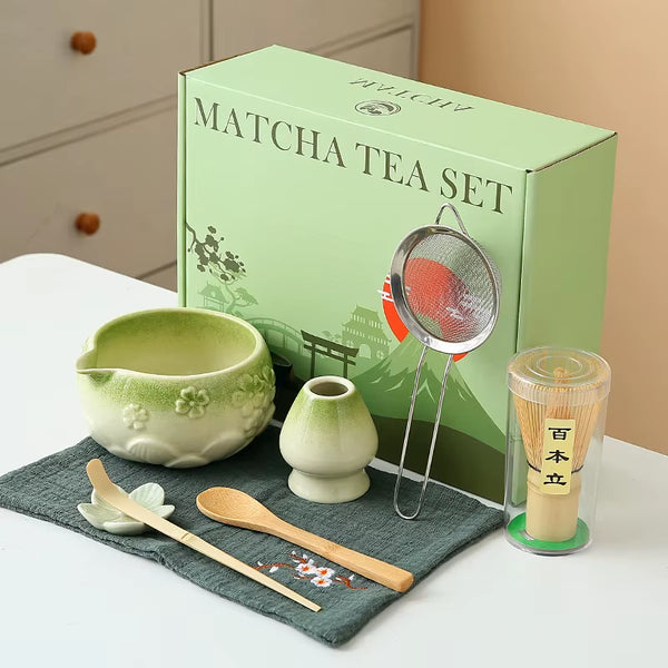8Pcs Cherry Blossom White Matcha Bowl with Matcha Whisk Set, Japanese Tea Set Includes Matcha Bowl with Spout