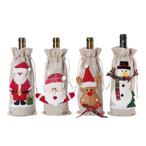 Rustic Christmas Wine Bottle Bag – Santa, Reindeer & Snowman Gift Wrap