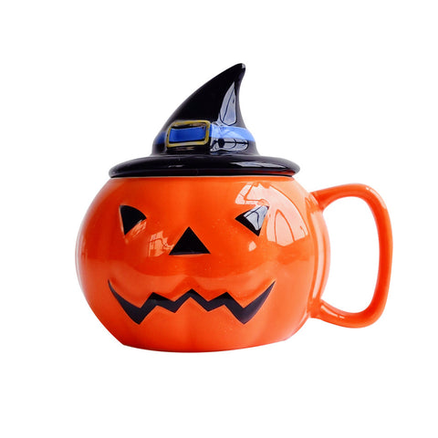 Pumpkin Ceramic Halloween Mug with Witch-Hat Lid