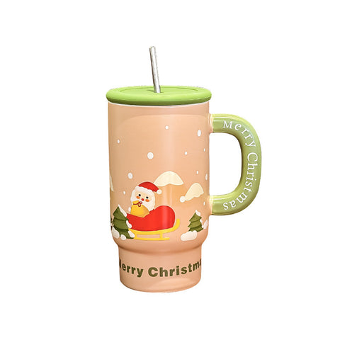 Christmas Ceramic Mug 800ml – Large Festive Cartoon Cup with Straw