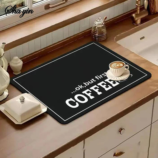 1Pc Black Letter Coffee Printed Coffee Machine Mat Modern Minimalist Style Kitchen Counter Quick Water Absorption Drying Mat