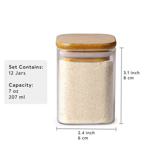 12-Piece Glass Spice Jar Set with Bamboo Lids – 207ml Airtight Containers