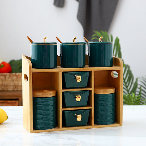 Ceramic Spice Jar Set with Bamboo Rack – Elegant Kitchen Storage Organizer