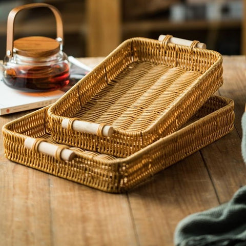 Rattan-Look Rectangular Serving Tray with Wooden Handles – Small & Large Sizes