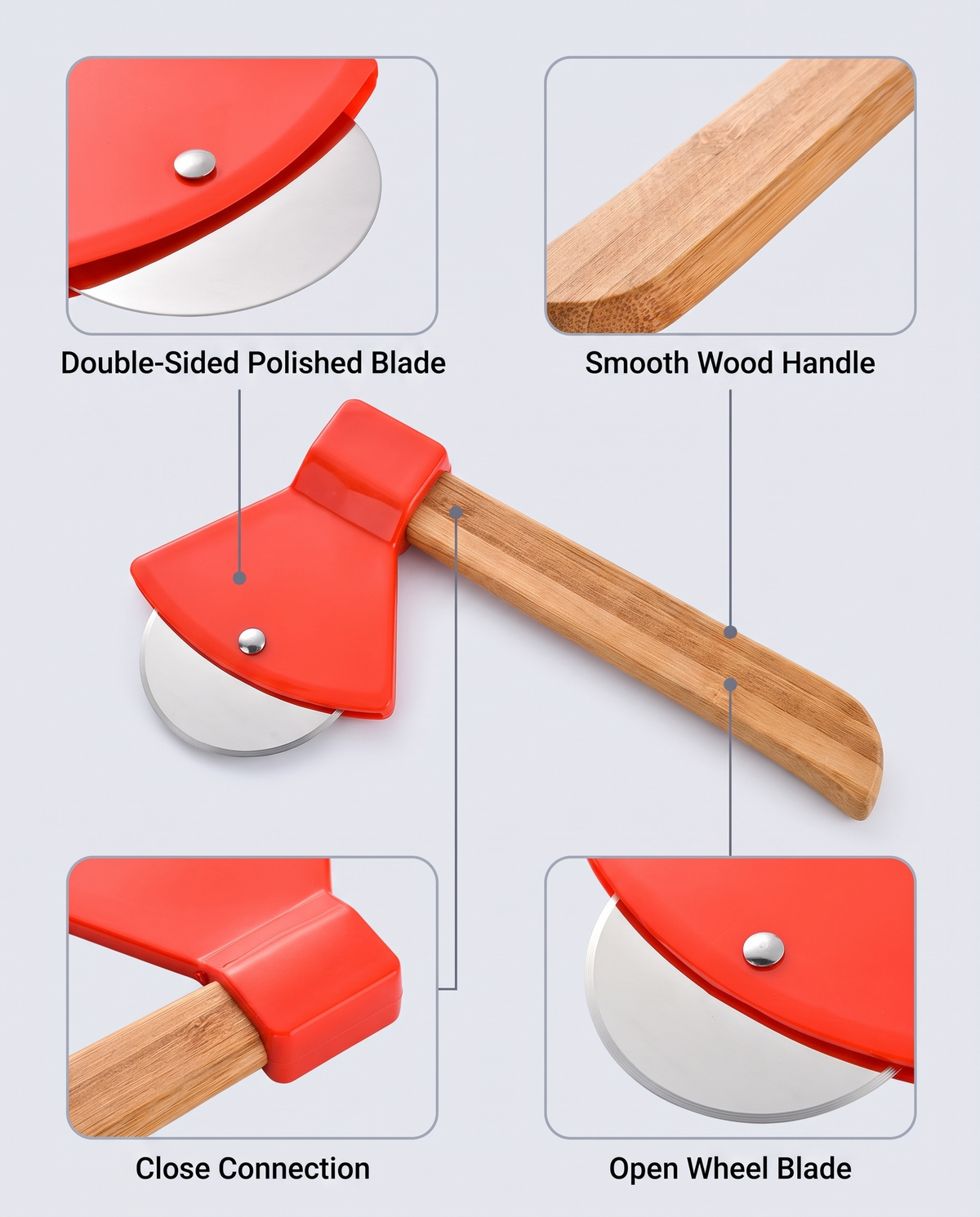 Stainless Pizza Cutter with Bamboo Handle — Red / Black — Wudy Kitchen, image 5
