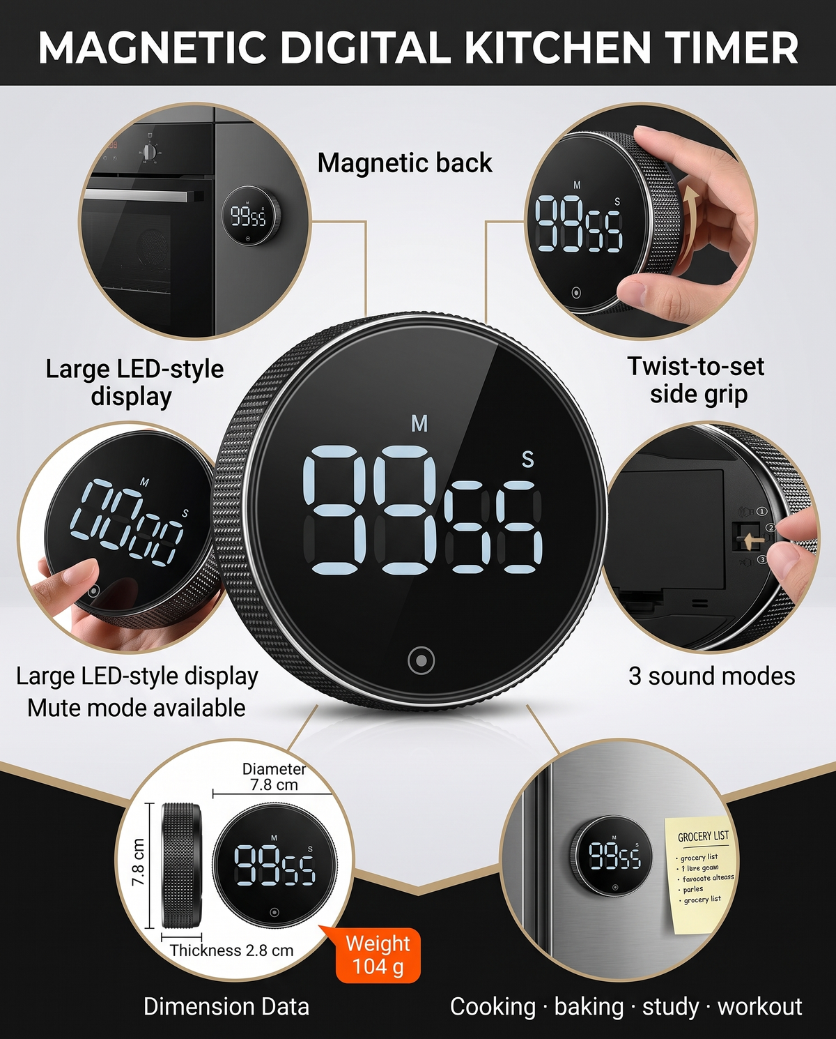 Magnetic Kitchen Timer — Black — Wudy Kitchen, image 12