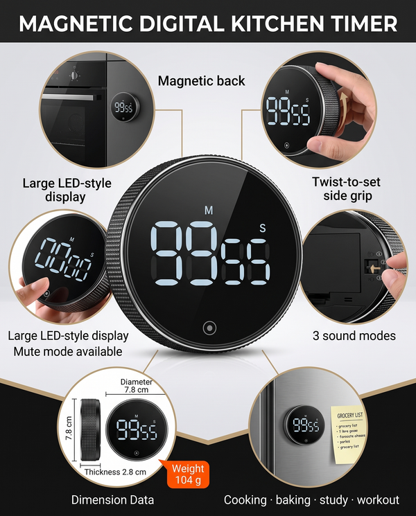 Magnetic Kitchen Timer — Black — Wudy Kitchen, image 12