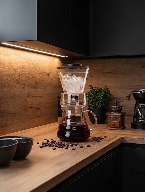 Wudy Kitchen Wudy Ice Drip Pour-Over Carafe — borosilicate glass, stainless fittings — close-up detail on walnut surface