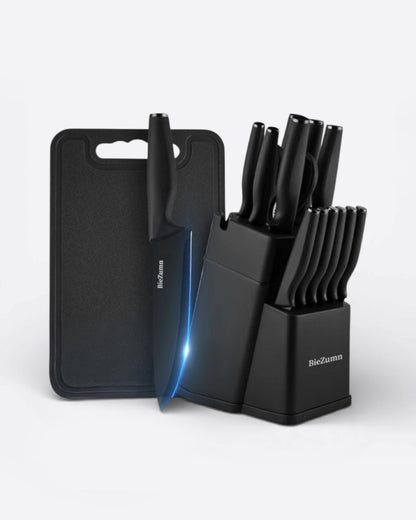 Wudy 16-piece German steel knife set displayed on marble countertop with walnut cutting board