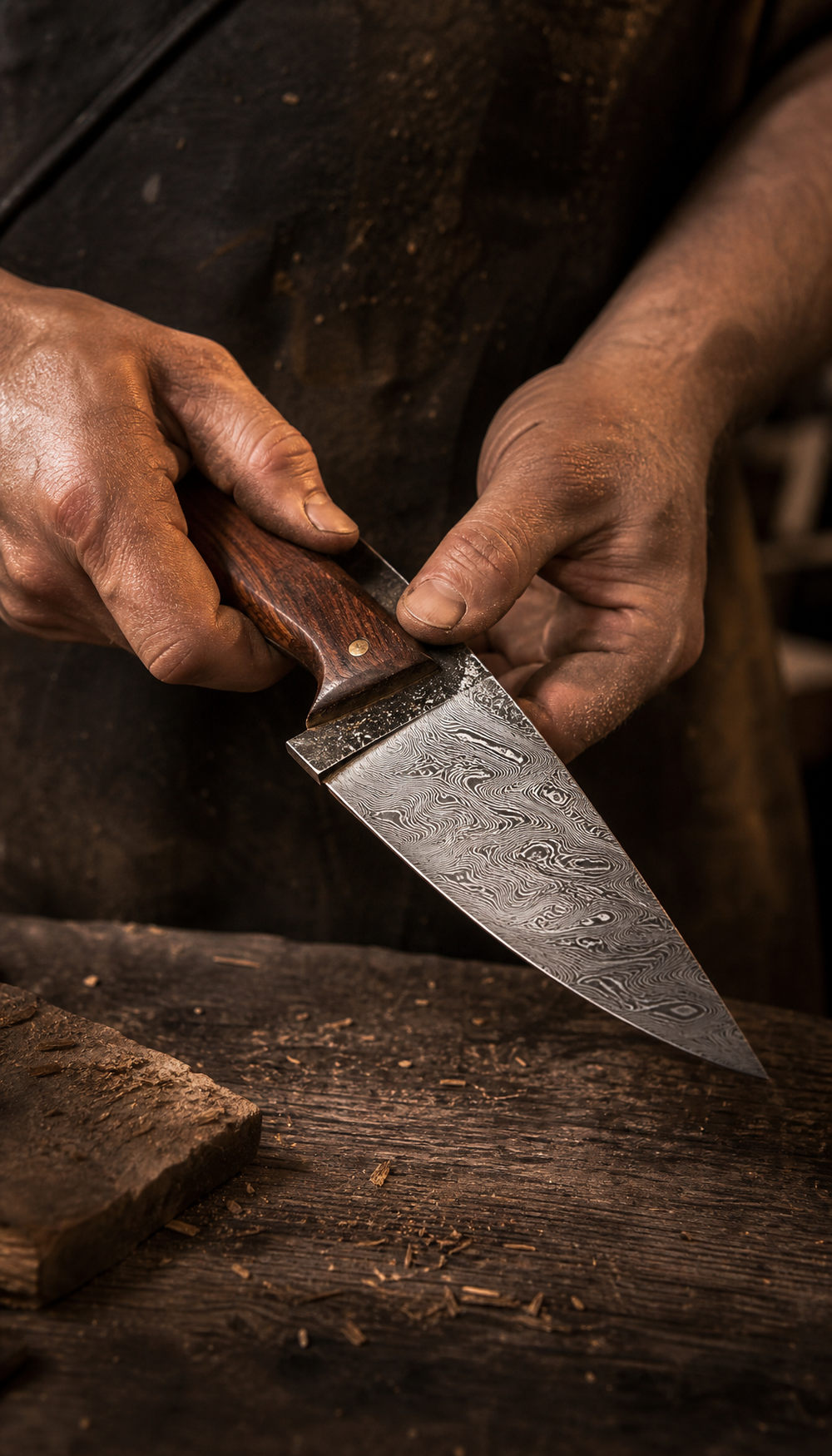 Wudy Kitchen - Craftsman hands working with Damascus steel