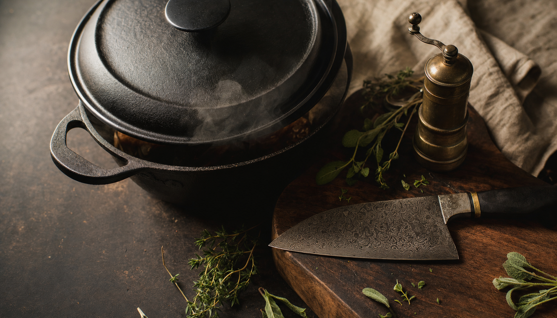 Wudy Kitchen - Cinematic hero, cast iron and Damascus steel still life