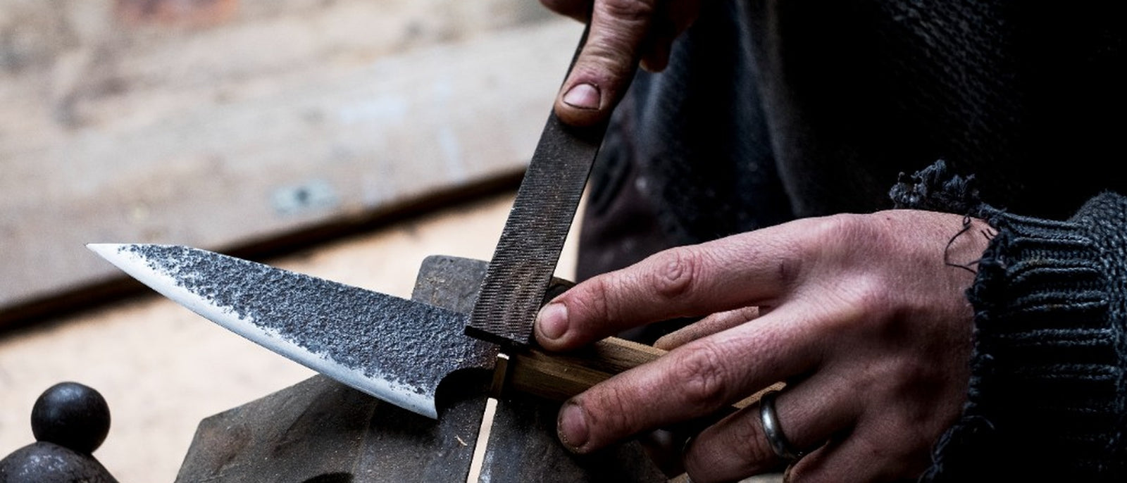 Damascus chef knife on atelier surface