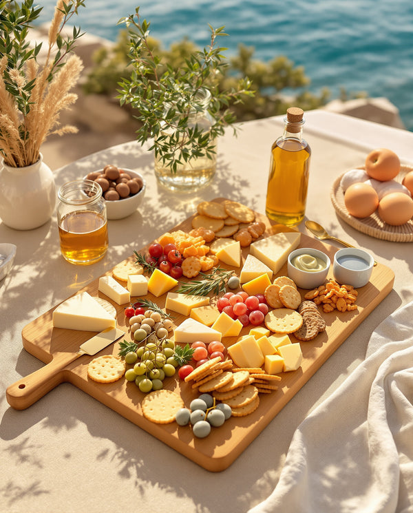 Bamboo expandable charcuterie board on terrace stone — hosting editorial