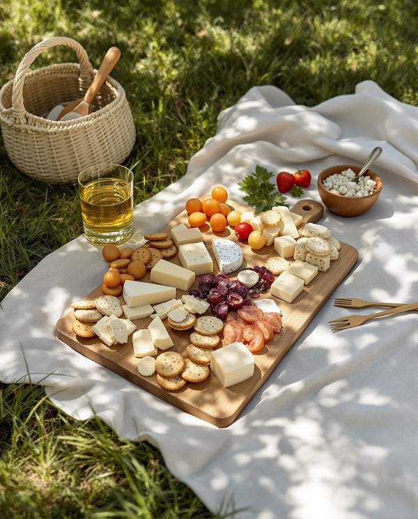 Bamboo charcuterie board on picnic blanket — garden spread editorial