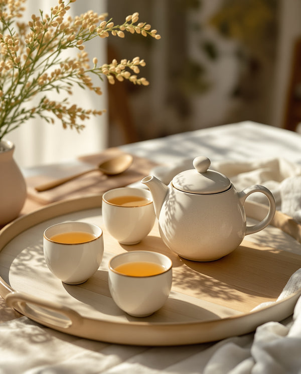 Ceramic tea set with tray on garden table — four cups arranged calmly