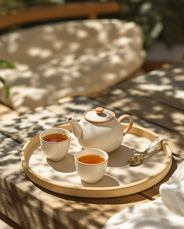 Ceramic tea set on shaded garden table — four cups arranged calmly
