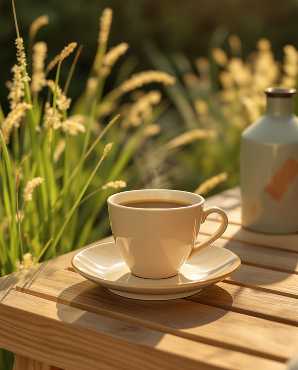 Nordic ceramic espresso cup and saucer in golden-hour garden light