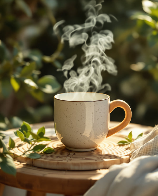 Porcelain mug with wooden handle on garden morning table — slow summer coffee