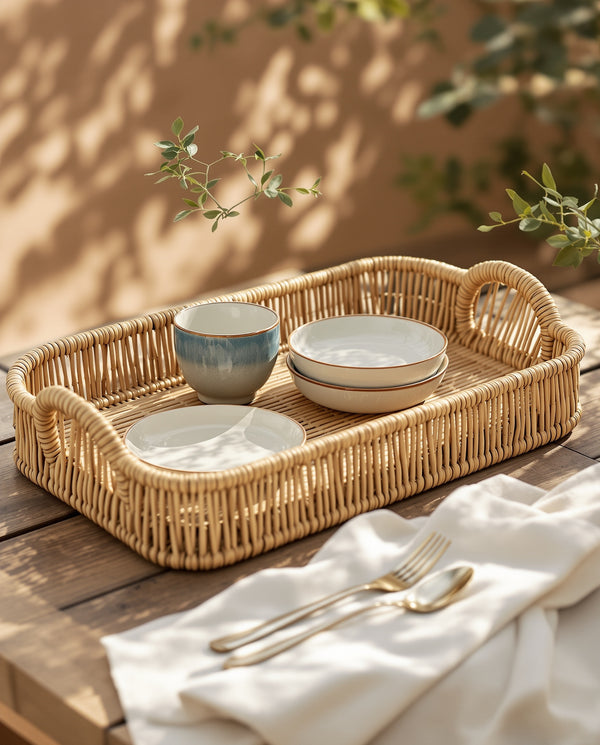 Rattan-look serving tray on backyard wooden table with ceramic plates